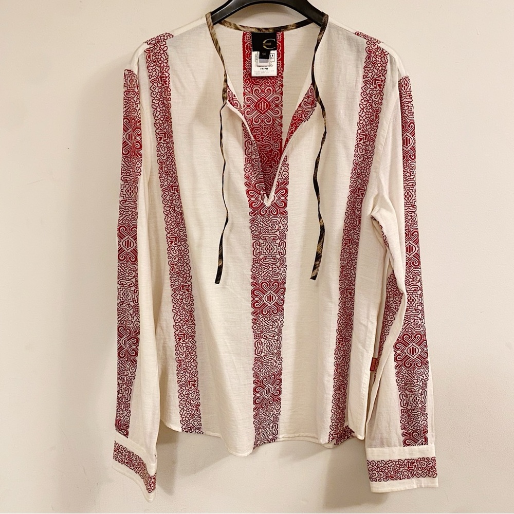 Roberto Cavalli Red Cream Floral Embroidered Collarless Shirt Leopard Trim